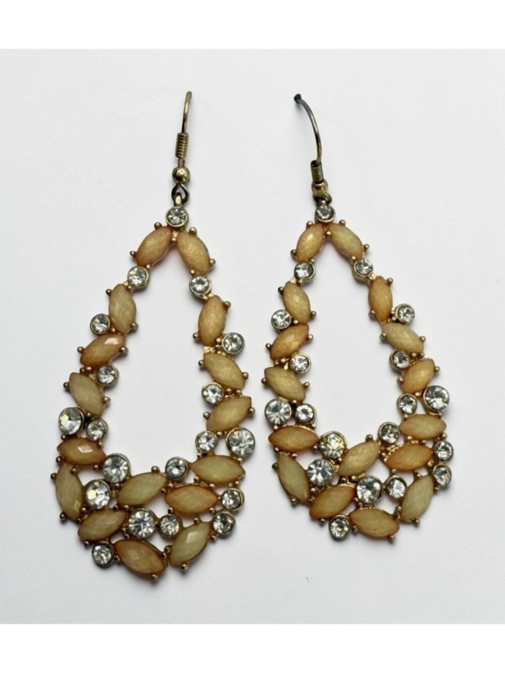 Gold Tone Teardrop Dangle Earrings Peach Glitter Beads Rhinestone Accents